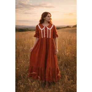 Prairie Cottagecore Dress Rust Red Lace Collar Maxi Theater Vintage XL Rustic